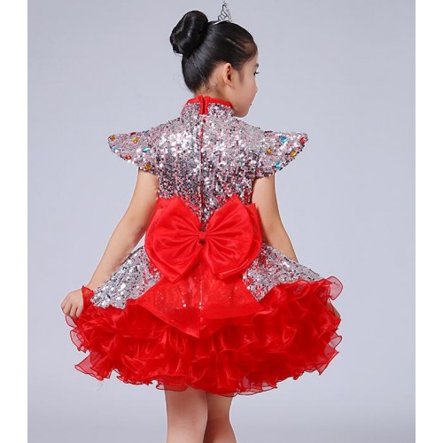Red peacock sequined paillette fashion modern flower girls dance singers dancers t show evening party performance dresses costumes